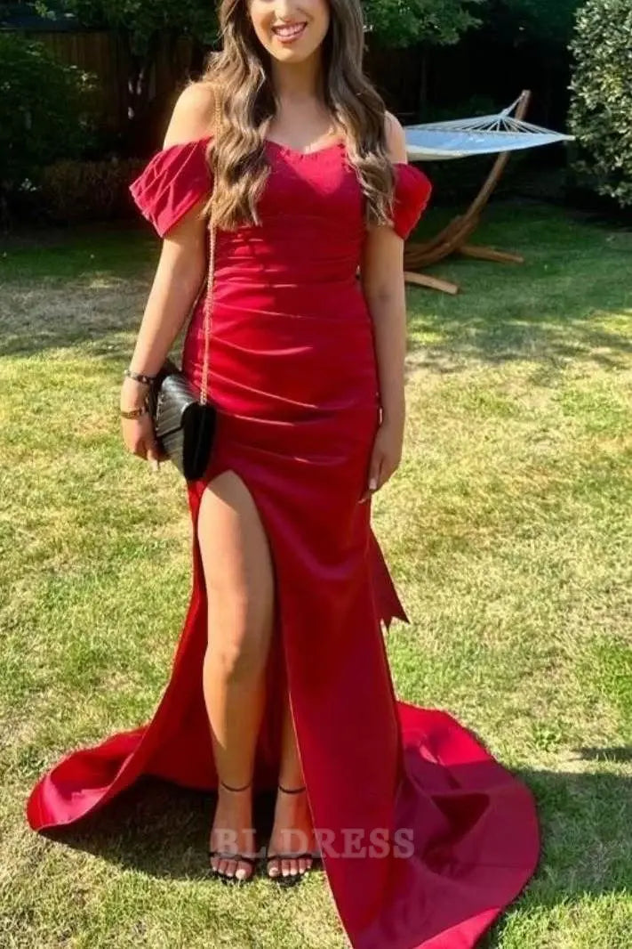 Mermaid Off The Shoulder Red Satin formal dresses Bridesmaid Dresses evening gown Prom Dress