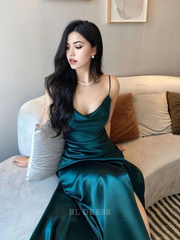 Mermaid Spaghetti Straps Green Satin Slit formal dresses Bridesmaid Dresses evening gown Prom Dress