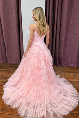 2024 Unique Spaghetti Straps Tulle Prom Dresses with Ruffle Skirt