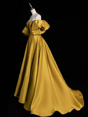 Yellow A-Line Puff Sleeves Satin Long Prom Dress, Yellow Long Formal Dress