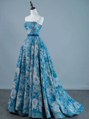 A-Line Satin Blue Long Prom Dress, Blue Long Formal Dress