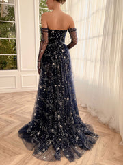A-Line Tulle Dark Blue Long Prom Dress, Dark Blue Formal Dress