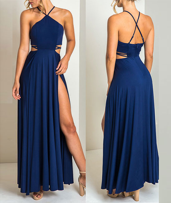 Simple blue chiffon long prom dress, blue chiffon evening dress