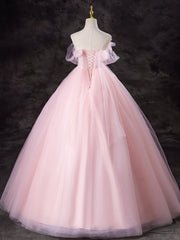A-Line Tulle Pink Long Prom Dress, Pink Tulle Long Formal Dress