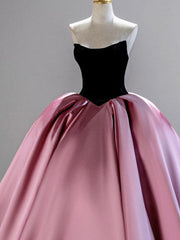 A-Line Pink/Black  Satin Long Prom Dress, Pink/Black Long Evening Dress