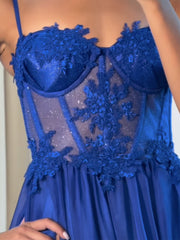 A-Line Sweetheart Neck Lace Chiffon Blue Long Prom Dress, Blue Long Formal Dress