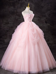 A-Line Tulle Pink Long Prom Dress, Pink Tulle Long Formal Dress