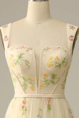 A-Line Square Neck Embroidered Prom Dress Floor Length With Flowers