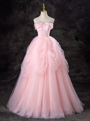 A-Line Tulle Pink Long Prom Dress, Pink Tulle Long Formal Dress