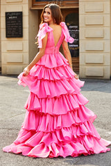 Fuchsia A-Line Deep V Neck Tiered Long Prom Dress With Slit Floor Length Sexy