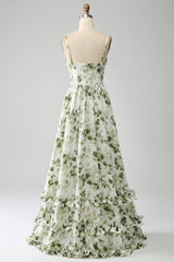 Green A-Line Spaghetti Straps Printed Floor Length Dress With Slit Beautiful