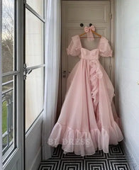 A Line Elegant Square Neckline Blush Pink Ruffles Organza Long formal dresses Bridesmaid Dresses evening gown Prom Dress