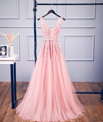 Pink v neck tulle lace applique long prom dress, pink bridesmaid dress
