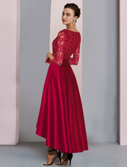 A-Line Mother of the Bride Dress Formal Wedding Guest Party Elegant High Low Scoop Neck Asymmetrical  Satin Lace Sleeve with Bow(s) Pleats