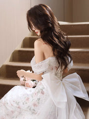 White A-Line Off Shoulder Tulle Long Prom Dress, White Formal Dress