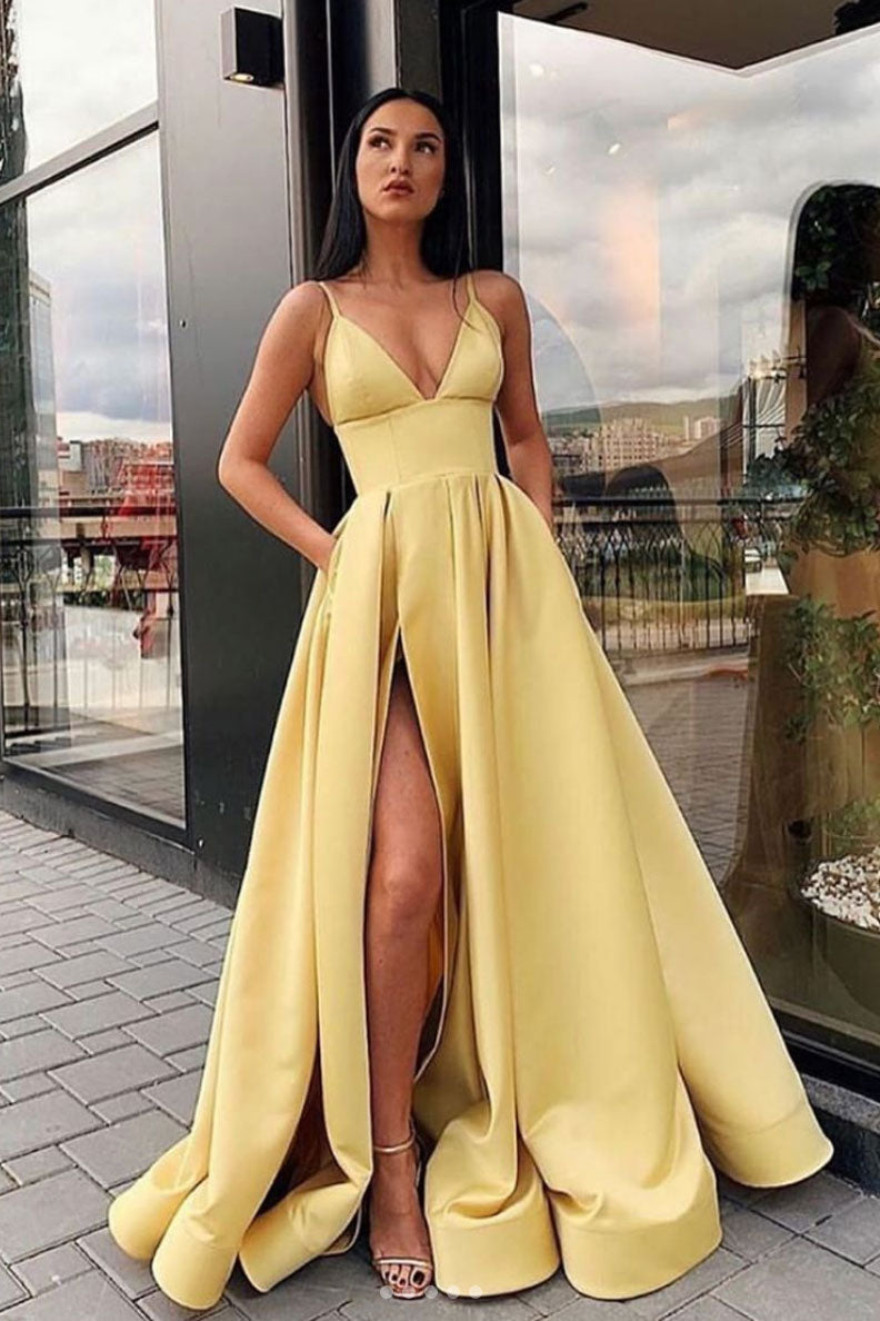 Yellow v neck satin long prom dress, yellow evening dress