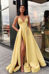 Yellow v neck satin long prom dress, yellow evening dress