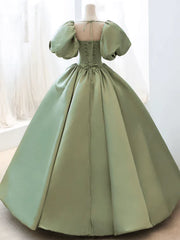 A-Line Princess Green Satin Puffy Sleeves Long Formal Dress Satin Prom Dress Party Dress