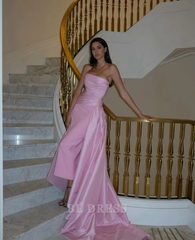 Sheath Strapless Pink Satin Long formal dresses Bridesmaid Dresses evening gown Prom Dress