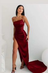 Vintage Sheath Strapless Neckline Slit Satin Long Party Dress Prom Dresses SD2446