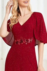 Glitter V-Neck Mother of the Bride Dress with Cape