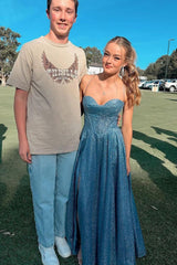 A-Line Satin Sweetheart Sparkly Long Prom Dresses