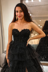 Sparkly Black A Line Long Corset Tiered Tulle Prom Dress With Slit Off Shoulder