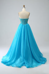 Blue Ball-Gown Sweetheart Beaded Corset Prom Dress with Detachable Sleeves Off Shoulder