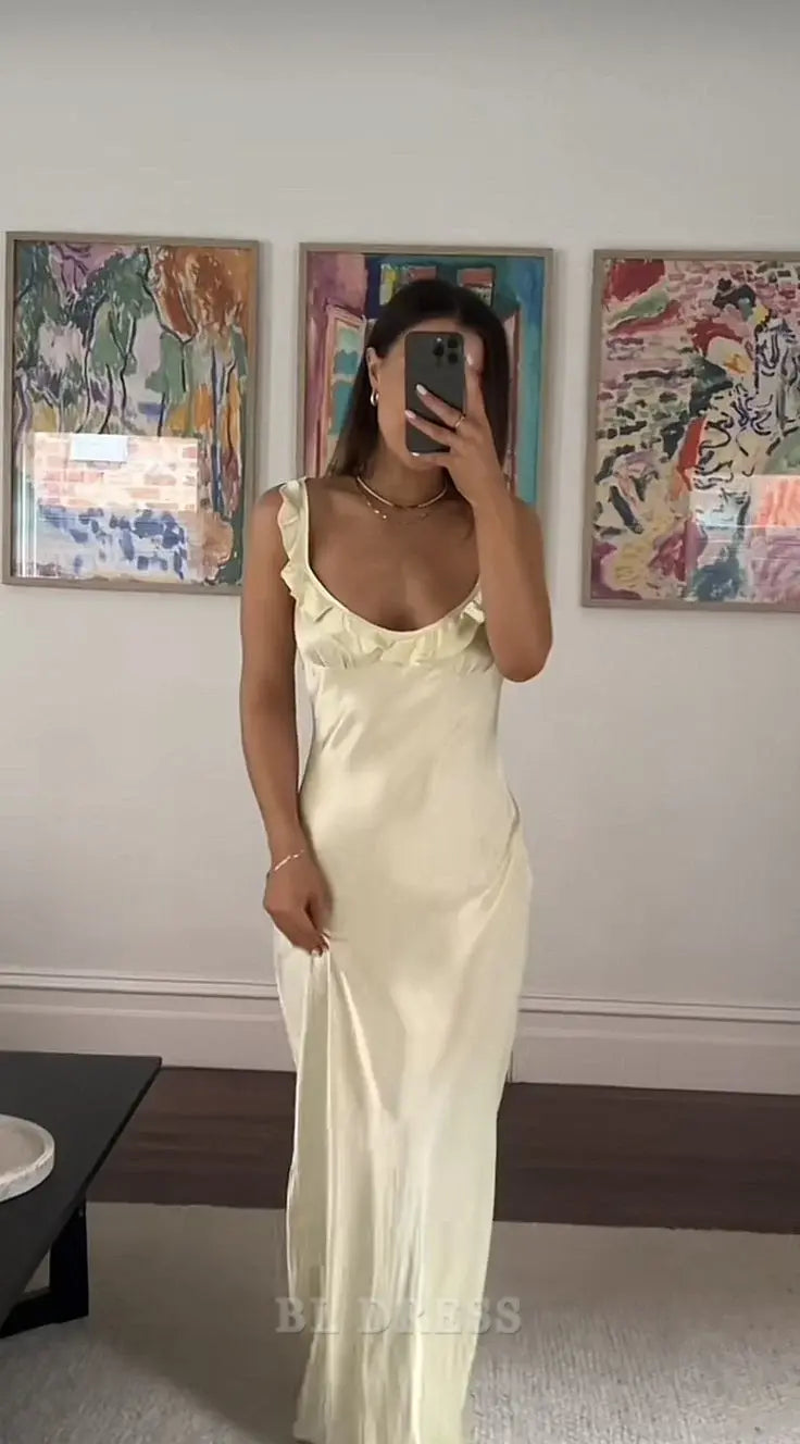 Sheath Long Ruffle Light Yellow Satin formal dresses Bridesmaid Dresses evening gown Prom Dress
