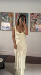 Sheath Long Ruffle Light Yellow Satin formal dresses Bridesmaid Dresses evening gown Prom Dress