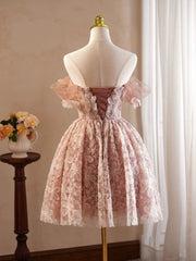 A-Line Off Shoulder Tulle Lace Short Prom Dress
