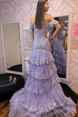 Mermaid Off the Shoulder Lavender Sequins Tiered Prom Dresses