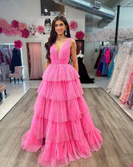 Ball Gown V Neck Tulle Tiered Prom Dresses With Slit Floor Length Sparkly