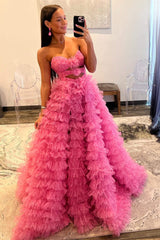A Line Strapless Keyhole Tulle Print Ruffle Tiered Prom Dress Off Shoulder Floor Length