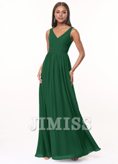 A-line V-neck pleated chiffon and floor length bridesmaid dress - Jimiss Dress