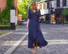 Jimiss short sleeved V-neck asymmetrical skirt with side slit long evening dress