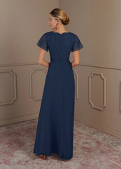 A-Line V-Neck Lace Chiffon Dark Navy Mother of the Bride Dresses