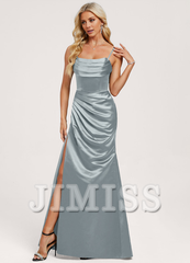 Trumpet/Mermaid Hood Ruffle Floor Length Satin Bridesmaids Dress