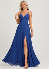A-line V-neck pleated floor-length chiffon prom dress