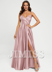A-line V-neck floor-length satin prom dress