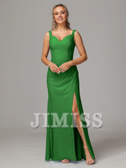 V-neck slit sleeveless off shoulder chiffon bridesmaid dress