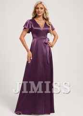 A-Line V-Neck Floor-Length Stretch Satin Bridesmaids Dress