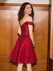 Off shoulder applique tight corset sheer Homecoming dress