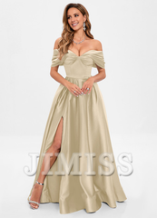 A-line pleated off-the-shoulder floor-length satin prom dress
