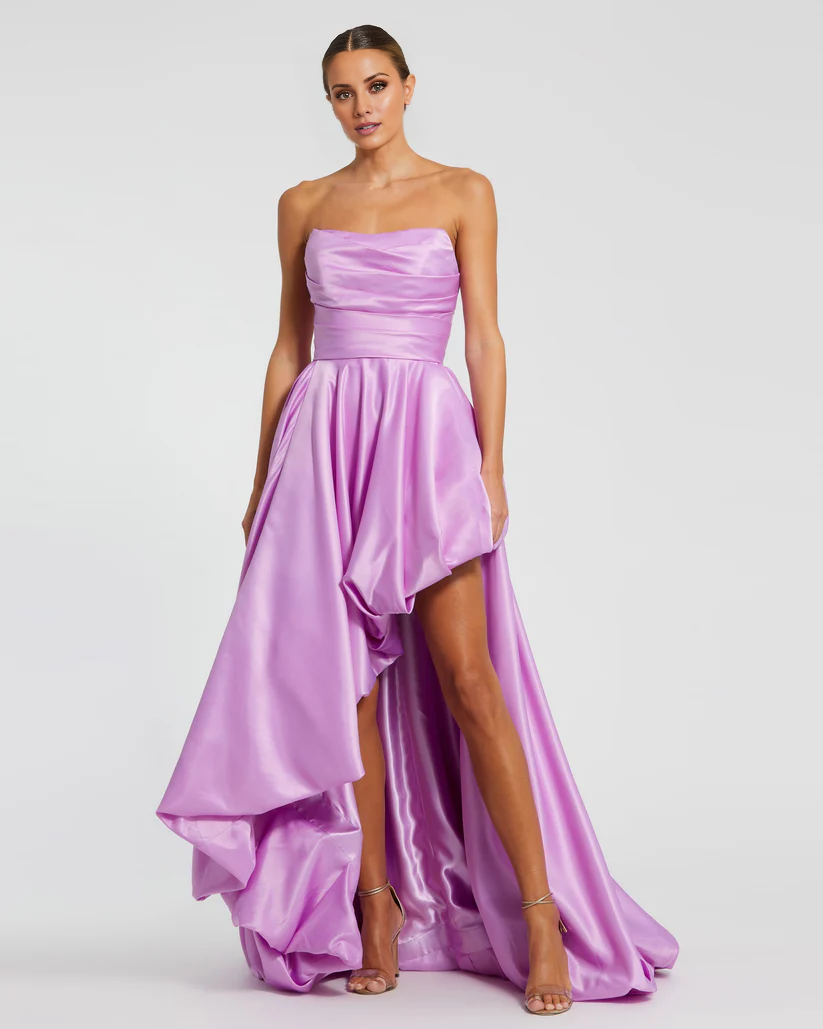 Strapless sleeveless pleated high-low skirt floor-length evening dress