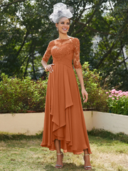 A-line princess transparent collar half sleeve long strap with decal mother of the bride dress