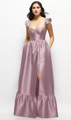 Ruffle shoulder strap satin tight corset long bridesmaid dress