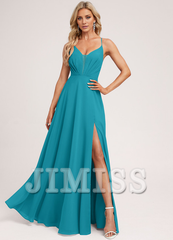 A-line V-neck tea-length chiffon pleated bridesmaid dress