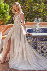 A-line high illusion V-neck long sleeved and floor length wedding dress
