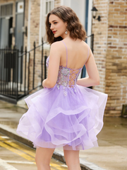Glitter tight corset top with shimmering chiffon short Homecoming dress